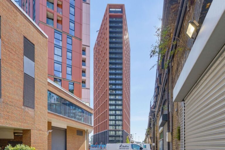 Exterior view of Apex One, a modern residential development in Nine Elms, London