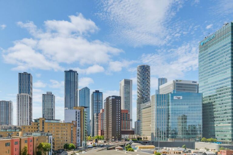 Views across Canary Wharf’s business district from Wharf House apartments.
