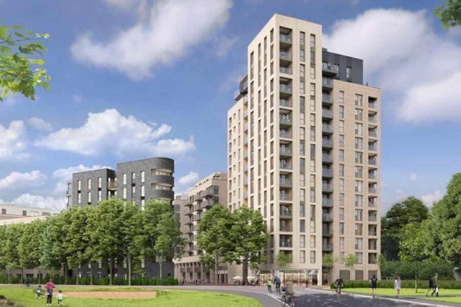 Exterior view of Rally Building in Walthamstow beside landscaped green space