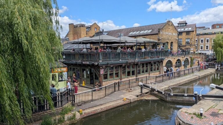 Camden Lock on Regent’s Canal with waterside restaurants and historic buildings